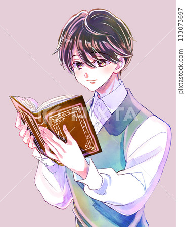 男孩在看書，面帶微笑，黑髮 133073697