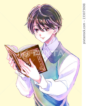 男孩在看書，面帶微笑，黑髮 133073698