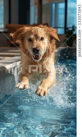 Golden retriever leaps into a small indoor pool, splashing water everywhere. The scene captures the dog's excitement and energy during fun fitness activities 133073843