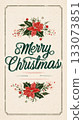 Colorful Merry Christmas text surrounded by playful winter motifs symbolizes holiday cheer. This retro design captures the essence of Christmas from the 50s and 60s 133073851