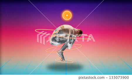 Surreal collage art. Floating cyber-enhanced man wrapped in glowing rings over neon horizon Surreal collage art. Floating cyber-enhanced man wrapped in glowing rings over neon horizon 133073900