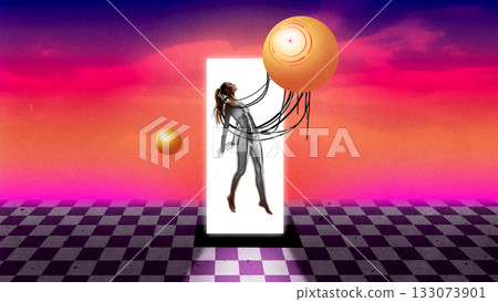 Trendy composition. Cybernetic woman connected to glowing sphere through multiple neural cables Trendy composition. Cybernetic woman connected to glowing sphere through multiple neural cables 133073901
