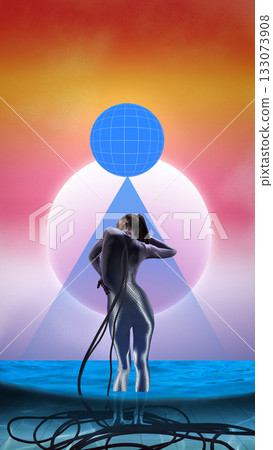 Creative digital artwork. Cybernetic woman connected to futuristic system under glowing geometry Creative digital artwork. Cybernetic woman connected to futuristic system under glowing geometry 133073908