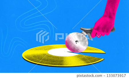 Modern artwork. Vinyl record sliced with cutter in surreal retro photocopy look 133073917