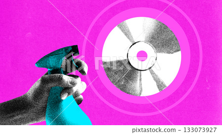 Pop art collage. Spray bottle cleaning shiny CD with humorous retro film grain effect Pop art collage. Spray bottle cleaning shiny CD with humorous retro film grain effect 133073927