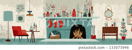 A cozy scene showcases a retro Christmas setup with colorful stockings hung over a green fireplace, vibrant plants, and cheerful decorations, evoking a warm holiday spirit, banner 133073946