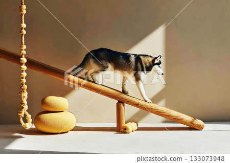 Husky navigates a unique tunnel and climbs a platform in a contemporary indoor training area designed for enhancing pet fitness and recovery 133073948