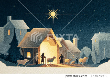 In this nostalgic Christmas illustration, a stable glows warmly under a bright star. Shepherds gather, inspired by the birth of Jesus, surrounded by sheep and a snowy landscape In this nostalgic Christmas illustration, a stable glows warmly under a bright star. Shepherds gather, inspired by the birth of Jesus, surrounded by sheep and a snowy landscape 133073999