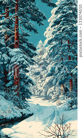 A beautiful snowy path is seen in a retro forest setting. Tall, bare trees surround the scene, and soft snow blankets the ground, evoking a peaceful Christmas atmosphere A beautiful snowy path is seen in a retro forest setting. Tall, bare trees surround the scene, and soft snow blankets the ground, evoking a peaceful Christmas atmosphere 133074010
