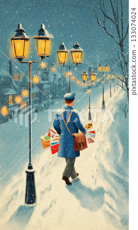 A mailman walks through a snowy street, carrying letters and packages as street lamps illuminate charming homes. The scene captures the festive spirit of Christmas in the 50s or 60s A mailman walks through a snowy street, carrying letters and packages as street lamps illuminate charming homes. The scene captures the festive spirit of Christmas in the 50s or 60s 133074024