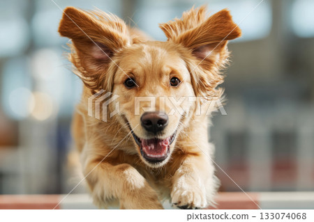 A playful golden retriever enthusiastically runs up a ramp inside a spacious, dog-friendly gym filled with various platforms and tunnels for exercise and training 133074068