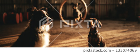 A border collie leaps through a hoop with complete concentration and energy during a fitness training session in an outdoor park, highlighting its agility and enthusiasm, banner A border collie leaps through a hoop with complete concentration and energy during a fitness training session in an outdoor park, highlighting its agility and enthusiasm, banner 133074069