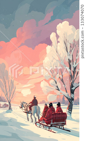 Families bundled in warm blankets enjoy a sleigh ride in a snowy landscape during the Christmas season of the late 1950s. Horses pull the festive carriage through the winter wonderland 133074070