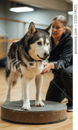 In a spacious rehab gym with wooden floors, a trainer supports an elderly husky as it balances on a round platform, promoting fitness and mobility in a caring environment 133074071