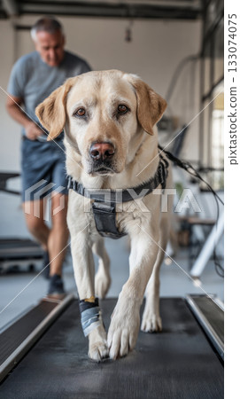 A Labrador wearing a front leg brace confidently walks on a treadmill while a focused trainer supports the dog is rehabilitation and fitness routine for better mobility and health 133074075