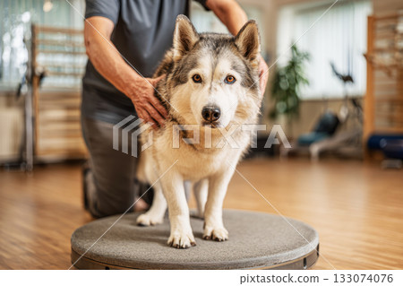 In a spacious rehab gym with wooden floors, a trainer supports an elderly husky as it balances on a round platform, promoting fitness and mobility in a caring environment 133074076