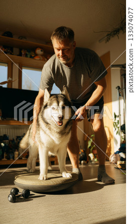 In a clean home gym, a man works on his fitness routine using a balance disc while his husky stands beside him. The space is filled with pet toys and exercise equipment 133074077
