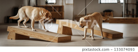 Two lively Labradors are balancing and playing on wooden ramps in a spacious dog training room. This area promotes fitness, mobility, and healthy interaction, banner 133074093