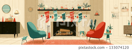 Colorful decorations and stockings hang above a fireplace in a retro living room. The warm glow of the fire creates a festive atmosphere filled with holiday charm, banner 133074120