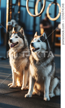 Two huskies sit side by side, watching intently as another dog leaps through a colorful hoop in a bright and airy dog gym on a sunny day 133074148