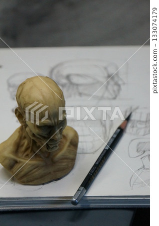 Anatomy sculpture of human head on detailed drawing 133074179