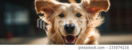 A golden retriever happily climbs a ramp in a dog-friendly gym. The space features various platforms and tunnels to support training and rehabilitation for pets, banner 133074228