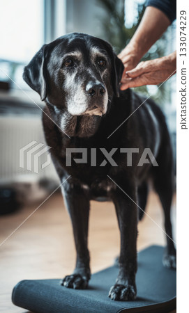 A senior Labrador leans slightly on a wobble board while a human hand supports its balance. This is part of a fitness training session focused on rehabilitation and maintaining mobility 133074229