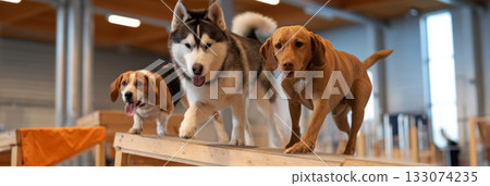 A husky, beagle, and Labrador are navigating agility obstacles together in a clean training hall. They are happily interacting, promoting fitness and bonding, banner 133074235