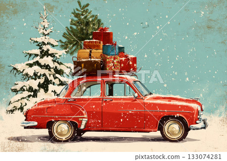 A bright red retro car drives through a snowy street during Christmas. A decorated tree and colorful gifts sit on the roof, capturing the cheerful spirit of winter in the 50s and 60s 133074281