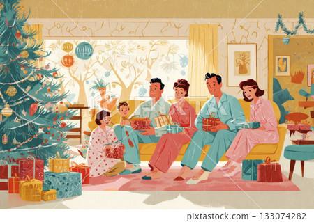 A family gathers around a beautifully decorated Christmas tree in a warm 50s living room. Brightly wrapped gifts fill the floor as they eagerly share joyful moments together A family gathers around a beautifully decorated Christmas tree in a warm 50s living room. Brightly wrapped gifts fill the floor as they eagerly share joyful moments together 133074282