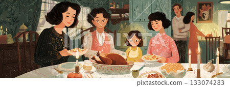 A joyful family enjoys a traditional Christmas dinner in a retro kitchen, banner A joyful family enjoys a traditional Christmas dinner in a retro kitchen, banner 133074283