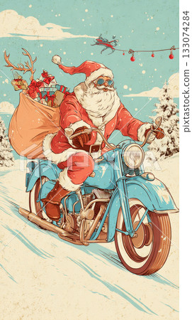 Santa Claus, dressed in traditional red and white, joyfully rides a vintage motorcycle through a snowy street while carrying festive gifts and decorations 133074284