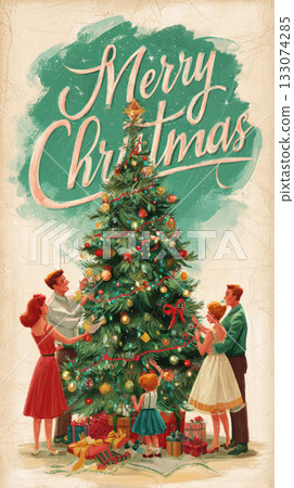 A cheerful family is seen decorating a Christmas tree with colorful ornaments, capturing the spirit of the season in a nostalgic 50s or 60s setting filled with warmth and joy A cheerful family is seen decorating a Christmas tree with colorful ornaments, capturing the spirit of the season in a nostalgic 50s or 60s setting filled with warmth and joy 133074285
