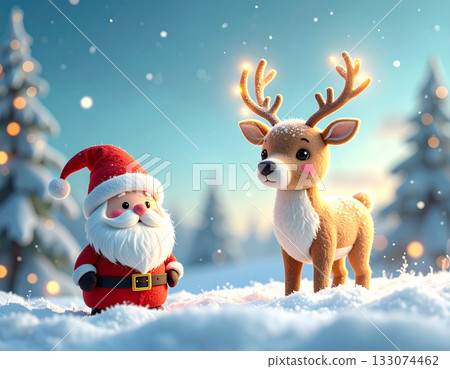 可愛的聖誕老人和馴鹿冬季插畫 | 童話聖誕背景 133074462