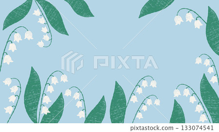 Floral Card with Spring May Lilies of the Valley on Blue Background. Hand-drawn Textured Crayon Horizontal Frame Poster with white forest flowers. Vector illustration. Not AI 133074541