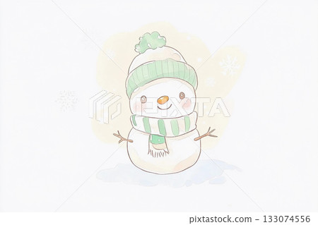 Cute snowman illustration with hat and scarf, festive winter character, Christmas and New Year holiday concept Cute snowman illustration with hat and scarf, festive winter character, Christmas and New Year holiday concept 133074556
