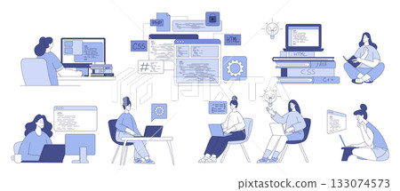 Programming with Woman Character Working on Web and Application Development Vector Set Programming with Woman Character Working on Web and Application Development Vector Set 133074573