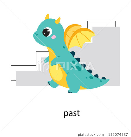 Prepositions with Cute Dragon Character Walk Past Stairs Vector Illustration Prepositions with Cute Dragon Character Walk Past Stairs Vector Illustration 133074587