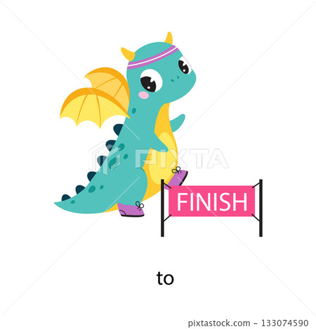 Prepositions with Cute Dragon Character Run to Finish Vector Illustration 133074590