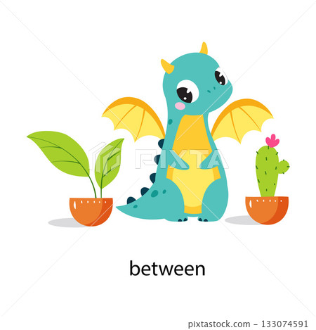 Prepositions with Cute Dragon Character Sit Between Pot Vector Illustration 133074591