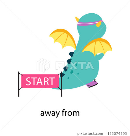 Prepositions with Cute Dragon Character Away from Start Vector Illustration 133074593