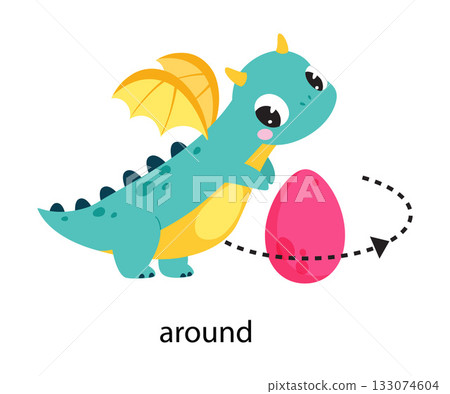 Prepositions with Cute Dragon Character Learning Vector Illustration 133074604