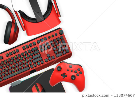 Collection of gaming accessories including headset, controller, keyboard, and VR gear on white background with clipping path 133074607