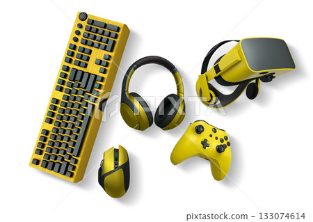 Collection of gaming accessories like headset, mouse, controller, keyboard, and VR gear on white background with clipping path Collection of gaming accessories like headset, mouse, controller, keyboard, and VR gear on white background with clipping path 133074614