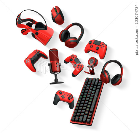 Gaming gear assortment with controllers, keyboard, headset, mouse, and mic isolated on white background with clipping path 133074724