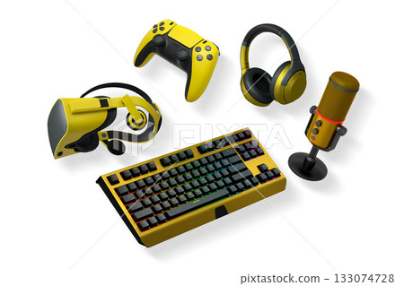 Gaming accessories including VR headset, RGB keyboard, headphones, and microphone shown isolated on white background 133074728