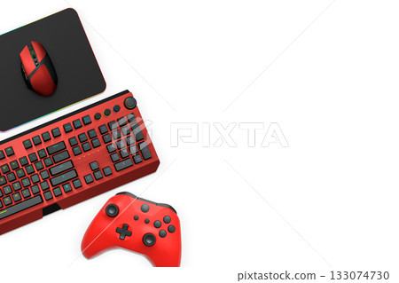 Gaming keyboard with RGB lights, wireless mouse on mousepad, and controller isolated on white background, concept of gaming setup Gaming keyboard with RGB lights, wireless mouse on mousepad, and controller isolated on white background, concept of gaming setup 133074730