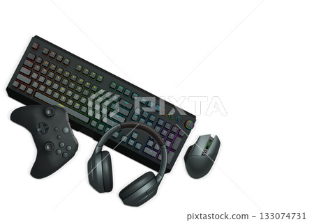 Gaming mouse, controller, RGB keyboard and headphones displayed in flat lay style isolated on white background with clipping path. 133074731