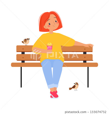Woman Sit on Bench in Park and Sparrow Vector Illustration 133074732