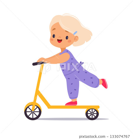 Little Girl Ride Kick Scooter in Park Vector Illustration 133074767